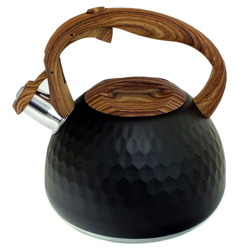3L Whistling Stovetop Kettle Stainless Steel Black Honeycomb & Wood Effect Voche - tooltime.co.uk