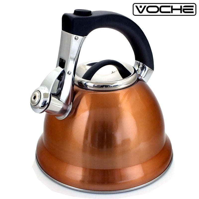 3ltr Copper Whistling Kettle Stovetop Stainless Steel Gas Electric Hobs Voche® - tooltime.co.uk