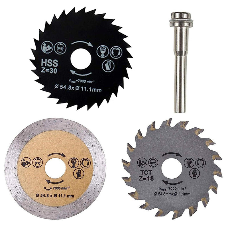 3pc Mini Circular Saw Blade Set 54.8mm 2" HSS TCT Diamond Cutting Discs +Mandrel - tooltime.co.uk