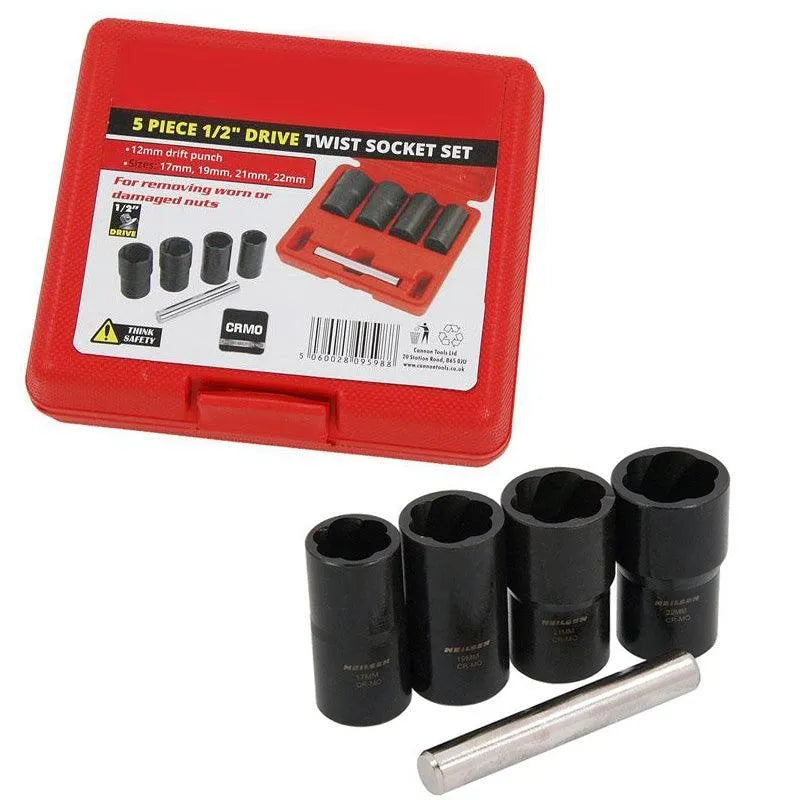 4 Piece Locking Wheel Nut Removers Grip & Twist Sockets for Damaged and Rounded Bolts 17-22mm - tooltime.co.uk