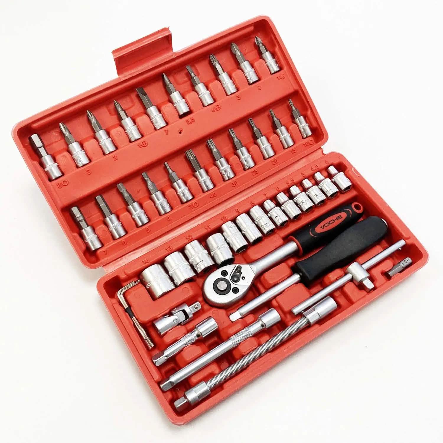 46pce 1/4 Dr Sockets Set CRV Steel Torx Star Pozi Phillips Bits + Case - DE - tooltime.co.uk