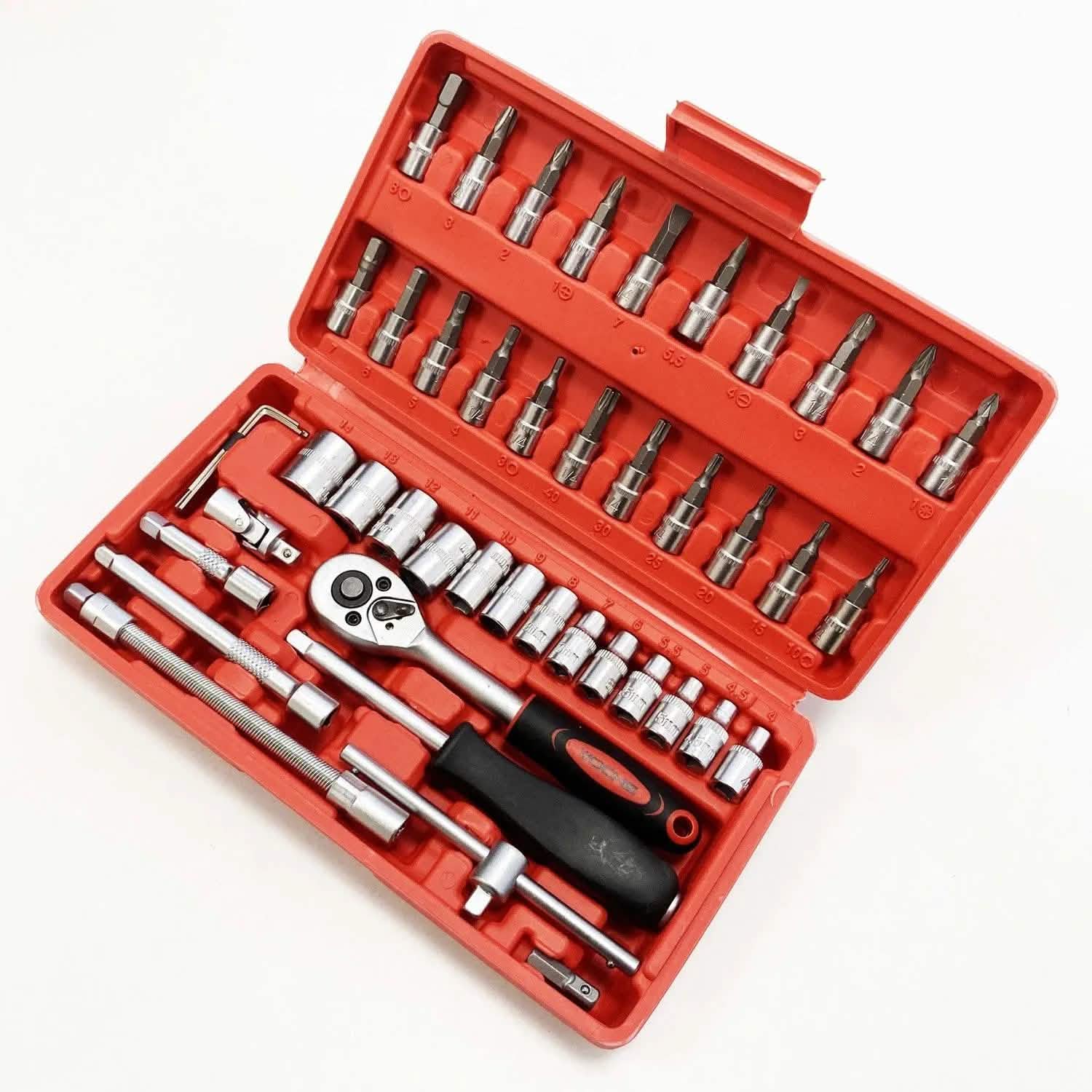 46pce 1/4 Dr Sockets Set CRV Steel Torx Star Pozi Phillips Bits + Case - DE - tooltime.co.uk