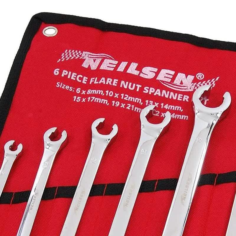 6pc Flare Nut Spanners Set 6-24mm Open Ended Brake Pipe Wrenches + Storage Roll - tooltime.co.uk