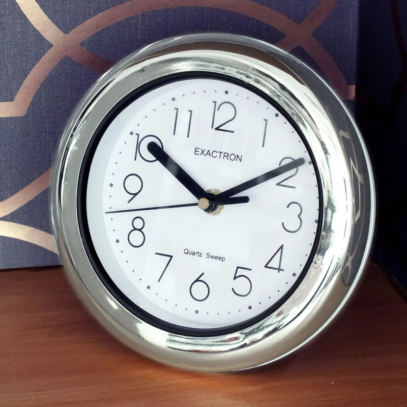 7" Round Silver Clock | Quartz Silent Sweep Non Ticking Movement | Table, Desk or Wall Mounted - tooltime.co.uk