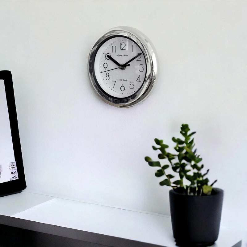 7" Round Silver Clock | Quartz Silent Sweep Non Ticking Movement | Table, Desk or Wall Mounted - tooltime.co.uk