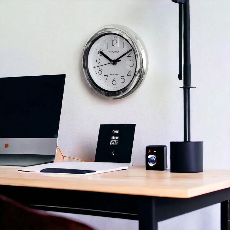 7" Round Silver Clock | Quartz Silent Sweep Non Ticking Movement | Table, Desk or Wall Mounted - tooltime.co.uk