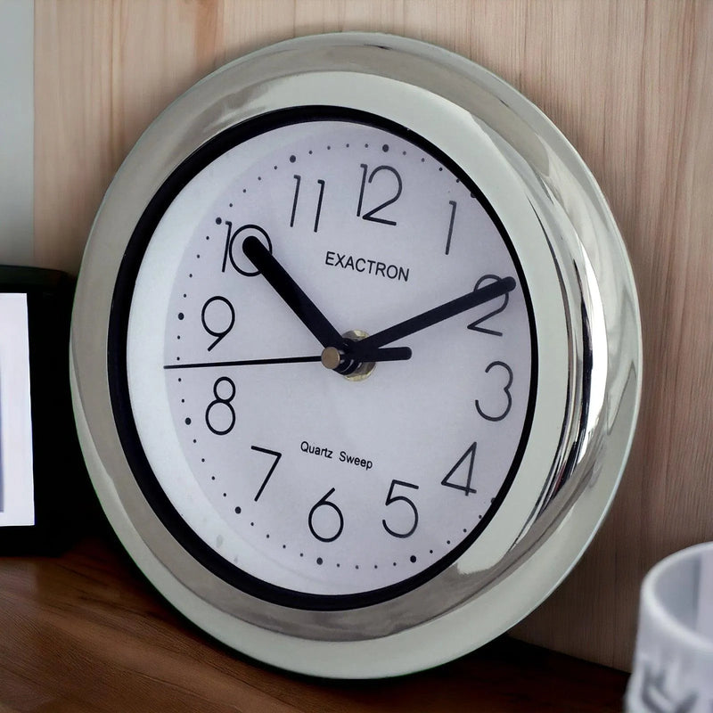 7" Round Silver Clock | Quartz Silent Sweep Non Ticking Movement | Table, Desk or Wall Mounted - tooltime.co.uk