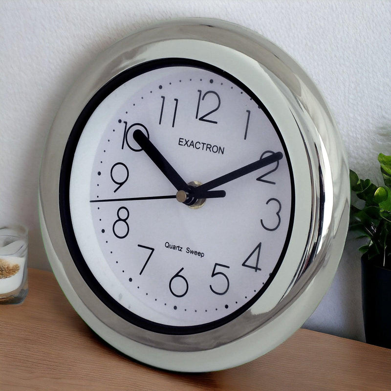 7" Round Silver Clock | Quartz Silent Sweep Non Ticking Movement | Table, Desk or Wall Mounted - tooltime.co.uk