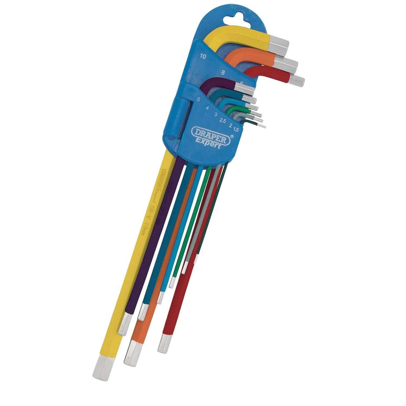 9pc Metric Hex Key Set Extra Long Arm Colour Coded Allen Keys Draper Expert 04911 - tooltime.co.uk
