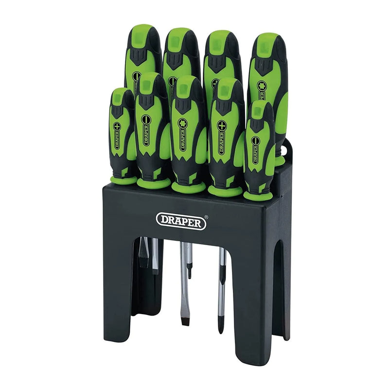 9pc Screwdriver Set Soft Grip CRV Plain Slotted Pozi TZ-Star + Storage Stand - tooltime.co.uk