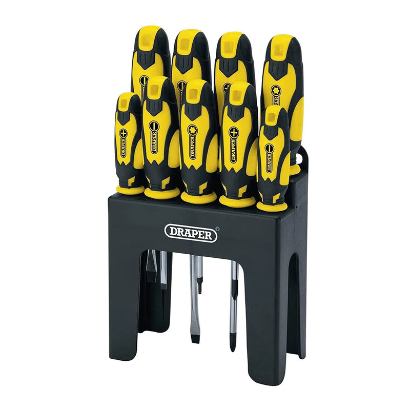 9pc Screwdriver Set Soft Grip CRV Plain Slotted Pozi TZ-Star + Storage Stand - tooltime.co.uk