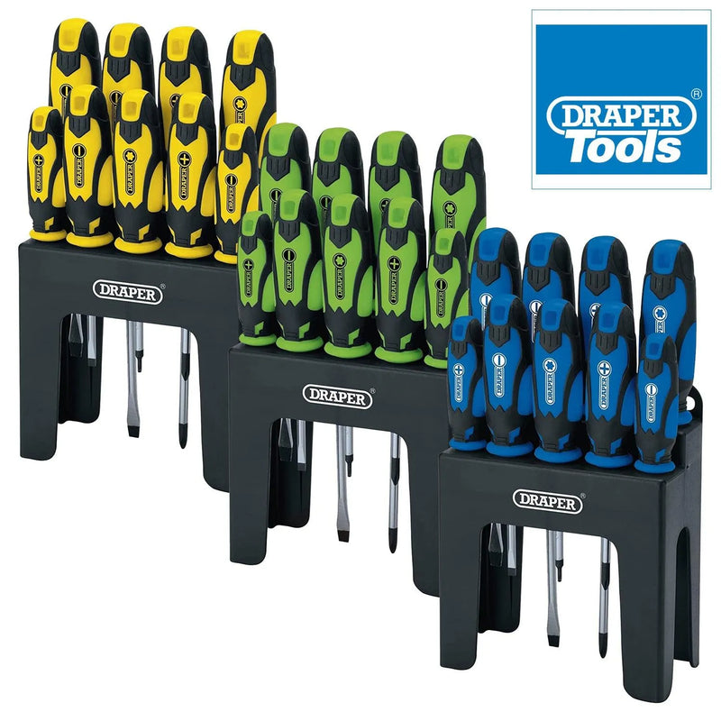 9pc Screwdriver Set Soft Grip CRV Plain Slotted Pozi TZ-Star + Storage Stand - tooltime.co.uk