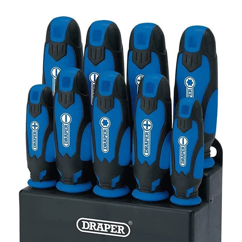 9pc Screwdriver Set Soft Grip CRV Plain Slotted Pozi TZ-Star + Storage Stand - tooltime.co.uk