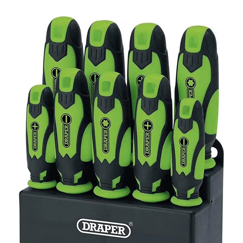 9pc Screwdriver Set Soft Grip CRV Plain Slotted Pozi TZ-Star + Storage Stand - tooltime.co.uk