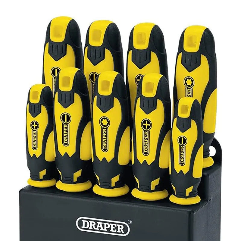 9pc Screwdriver Set Soft Grip CRV Plain Slotted Pozi TZ-Star + Storage Stand - tooltime.co.uk