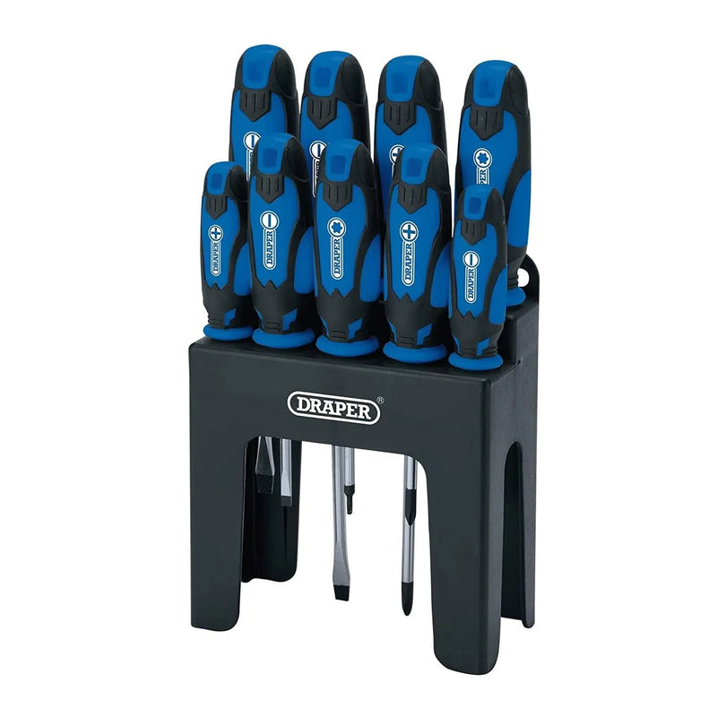 9pc Screwdriver Set Soft Grip CRV Plain Slotted Pozi TZ-Star + Storage Stand - tooltime.co.uk