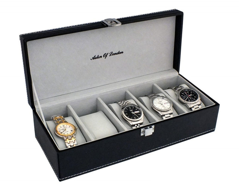 ASL MENS BLACK PU LEATHER 5 WATCH STORAGE BOX + GREY INTERIOR-tooltime.co.uk