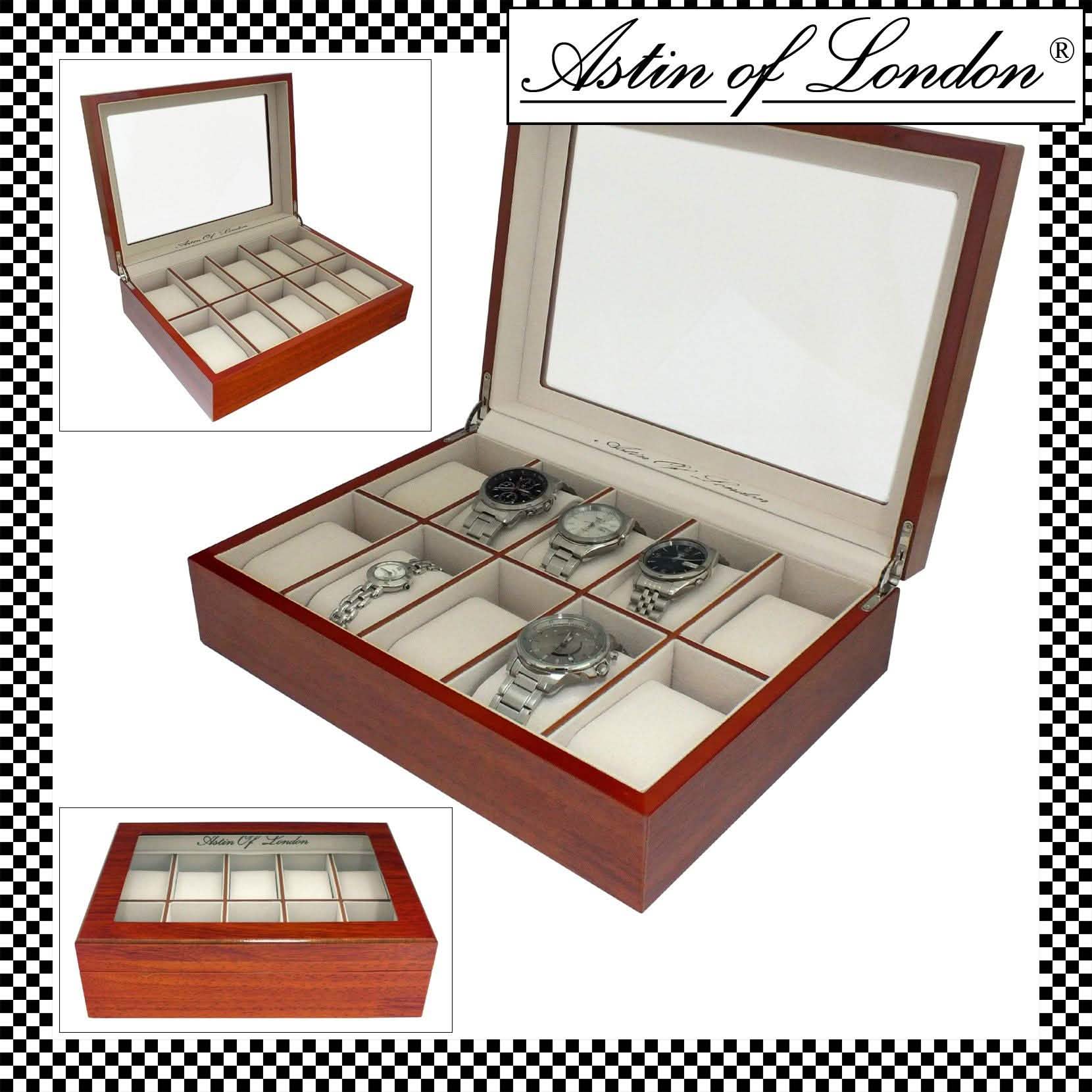 ASTIN OF LONDON® WOODEN 10 WATCH ORGANISER STORAGE BOX DISPLAY CASE WATCHBOX-tooltime.co.uk