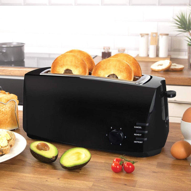 1400W BLACK 4-SLICE WIDE SLOT BAGEL MUFFIN TOASTER VARIABLE BROWNING & DEFROST-tooltime.co.uk