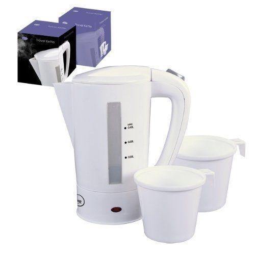 0.4L DUAL VOLTAGE SMALL ELECTRIC TRAVEL CARAVAN HOTEL KETTLE + 2 CUPS - tooltime.co.uk