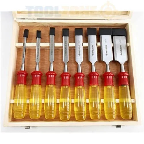 Bevel Edge Wood Chisels Set Woodworking Carving Lathe Tools + Wooden Case 8pc - tooltime.co.uk