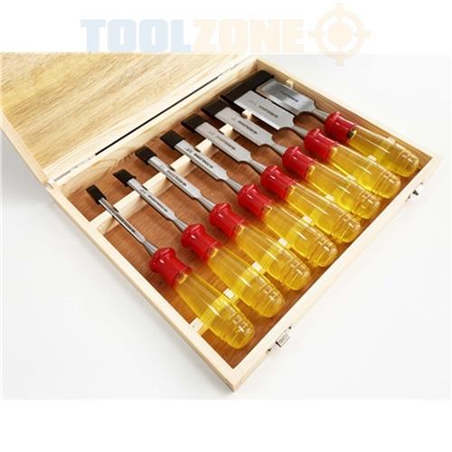 Bevel Edge Wood Chisels Set Woodworking Carving Lathe Tools + Wooden Case 8pc - tooltime.co.uk