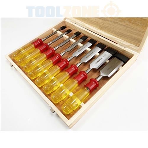 Bevel Edge Wood Chisels Set Woodworking Carving Lathe Tools + Wooden Case 8pc - tooltime.co.uk