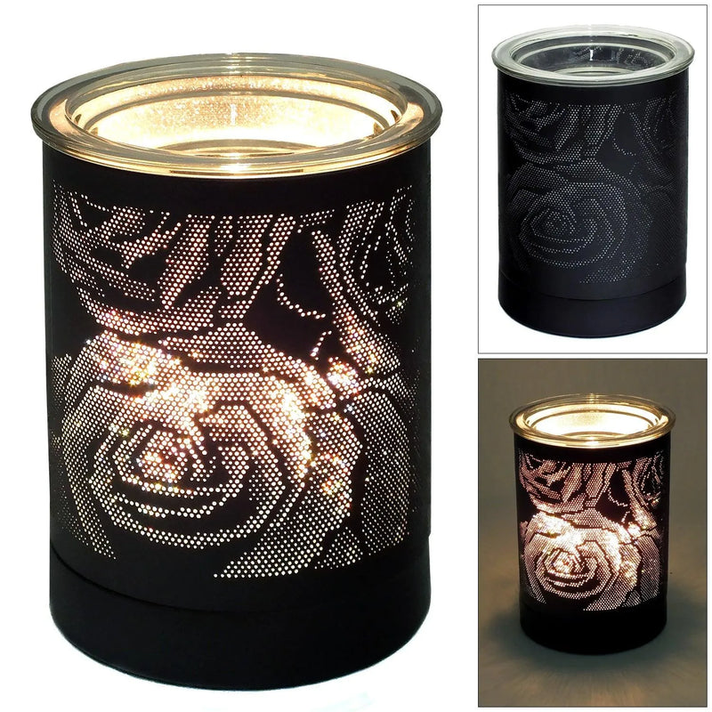 Black Oil Burner Wax Tart Melter Aroma Fragrance Diffuser Lamp Rose Design - tooltime.co.uk