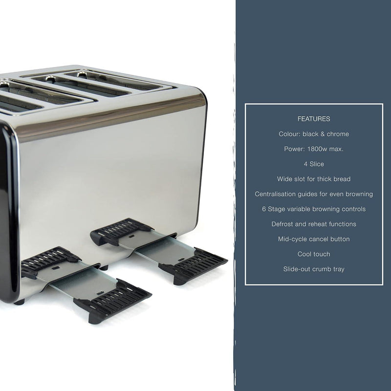 Black Stainless Steel 4 Slice Wide Slot Toaster Variable Browning Defrost Reheat - tooltime.co.uk