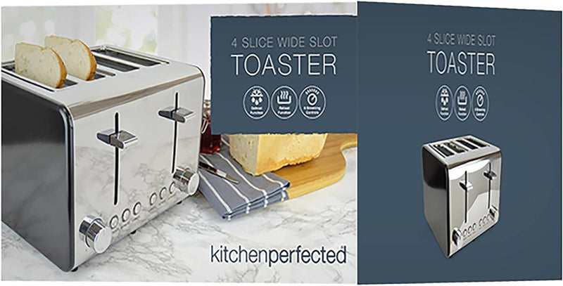 Black Stainless Steel 4 Slice Wide Slot Toaster Variable Browning Defrost Reheat - tooltime.co.uk