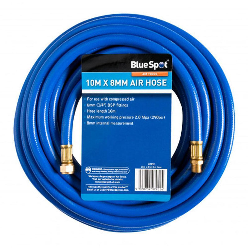 BLUESPOT RUBBER AIR HOSE LINE 10M FOR AIR COMPRESSOR 1/4" BSP 8MM BORE 290 PSI-tooltime.co.uk
