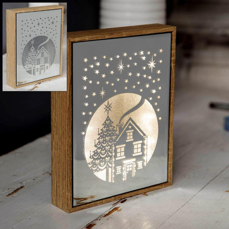 Christmas Scene Illuminated Led Mirrored Glass Mantel Plaque - Wooden Frame - tooltime.co.uk