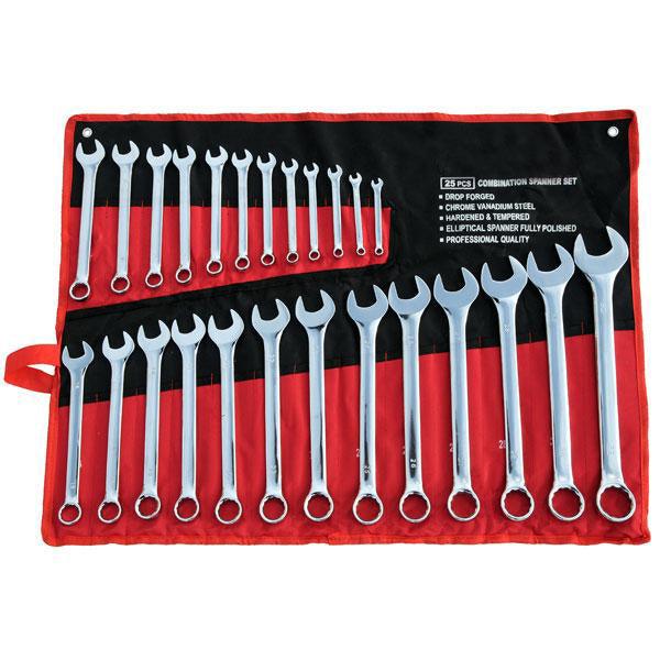 COMBINATION SPANNER METRIC SET DROP FORGED 6-32mm OPEN RING WRENCH + ROLL 25PC - tooltime.co.uk