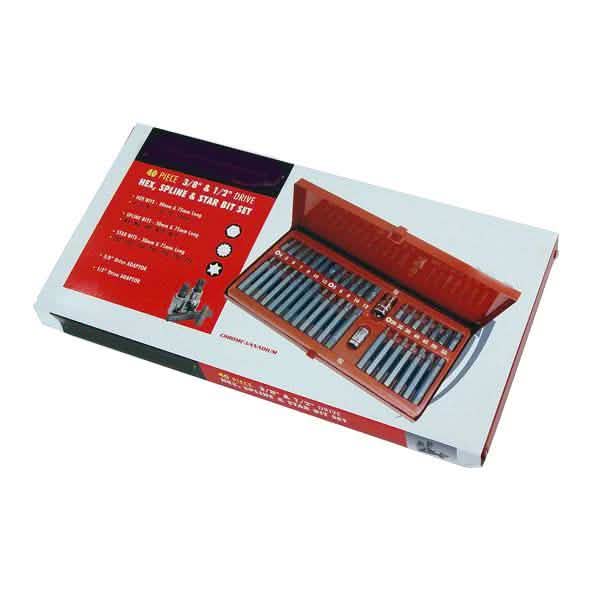 40PC POWER IMPACT BIT SET HEX SPLINE & TORX STAR 1/2" & 3/8" DR. WITH METAL CASE - tooltime.co.uk