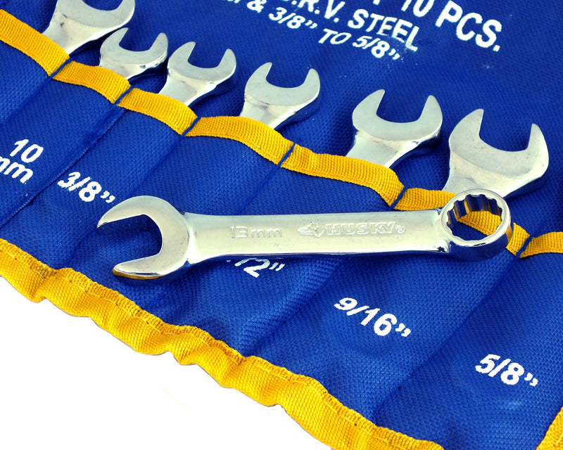 10 Piece Metric And Imperial Crv Stubby Spanner Combination Wrench Set With Storage Roll - tooltime.co.uk
