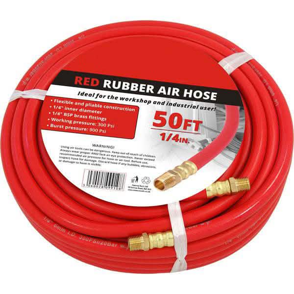 50Ft X 1/4" Bore Rubber Air Hose 15M Compressor Airline 1/4" Bsp Fittings 300Psi - tooltime.co.uk