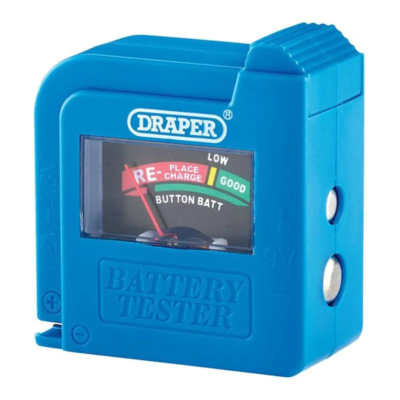 Draper 10209 Battery Power Level Tester | Tests 9V PP3, AAA, AA, C, D and Button Cell Batteries - tooltime.co.uk