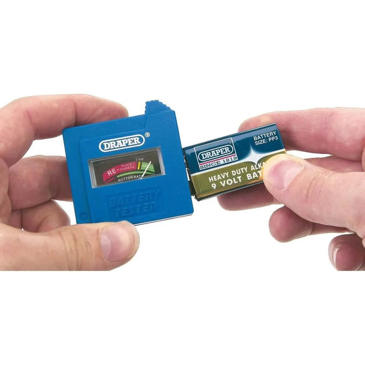 Draper 10209 Battery Power Level Tester | Tests 9V PP3, AAA, AA, C, D and Button Cell Batteries - tooltime.co.uk