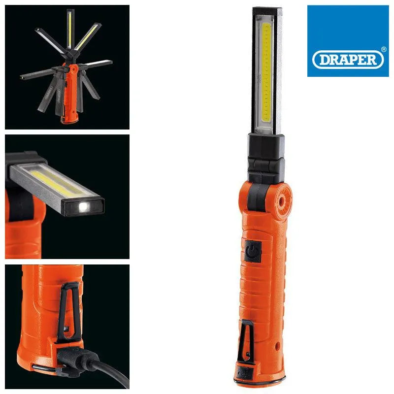 DRAPER 19184 3W USB RECHARGEABLE COB LED INSPECTION LAMP WORK LIGHT & SMD TORCH - tooltime.co.uk