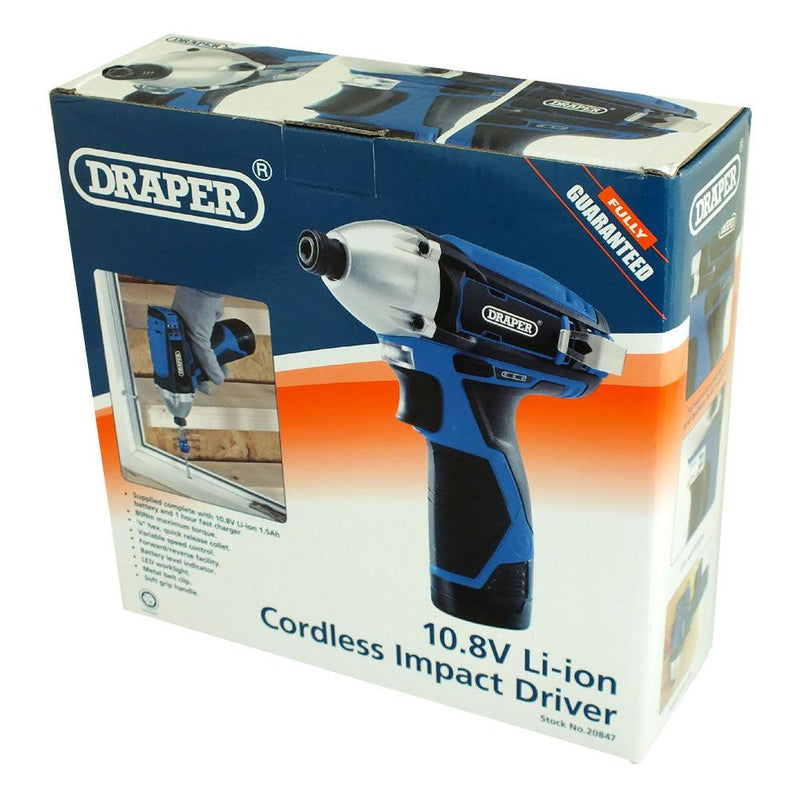 Draper 20847 Cordless Impact Driver Kit with Rechargeable 10.8V Li-ion Battery & 1hr Fast Charger - tooltime.co.uk