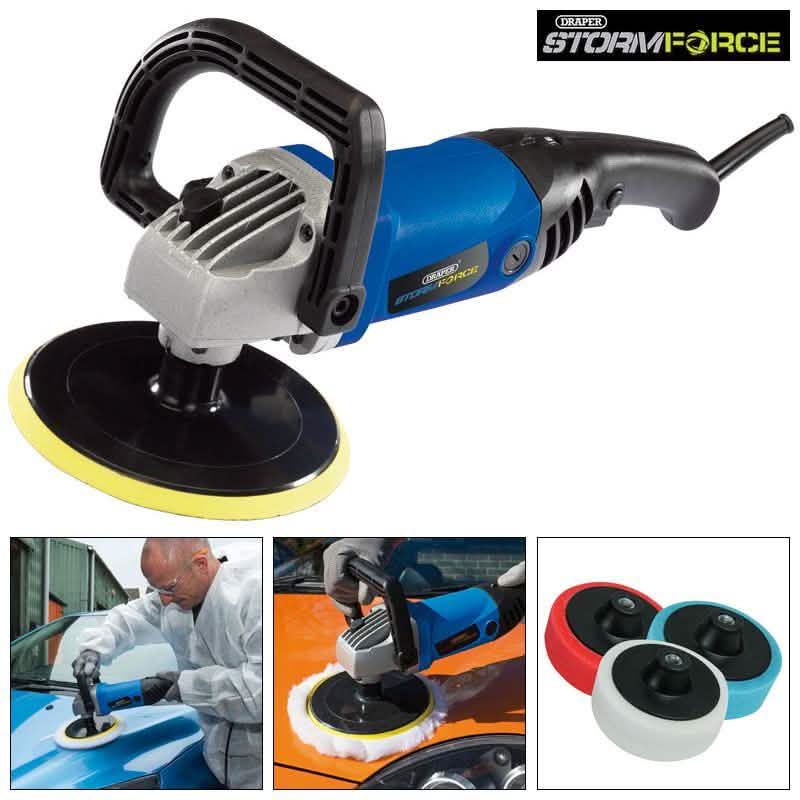 Draper 180Mm Angle Polisher Buffer & Sander Plus 3Pc Sponge Polishing Heads Kit
