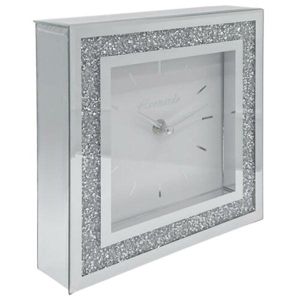 Mirror Silver Clock Mantle 30cm - Crushed Diamond Crystal - tooltime.co.uk