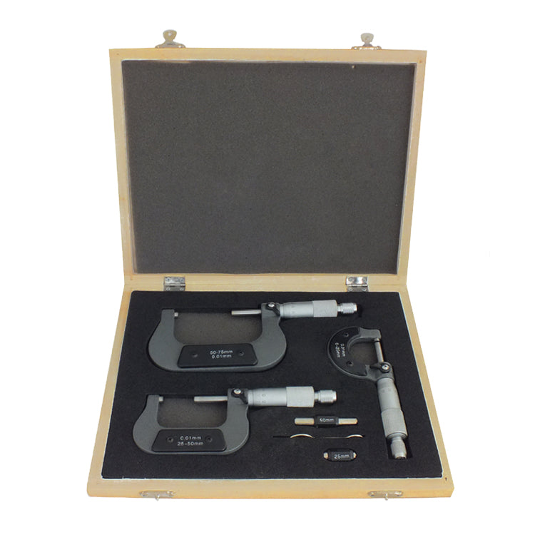 3PC 0-75mm METRIC EXTERNAL OUTSIDE MICROMETERS MEASURING CALIPERS WITH CASE - tooltime.co.uk