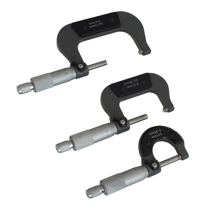 3PC 0-75mm METRIC EXTERNAL OUTSIDE MICROMETERS MEASURING CALIPERS WITH CASE - tooltime.co.uk