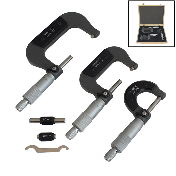 3Pc 0-75Mm Metric External Outside Micrometers Measuring Calipers With Case
