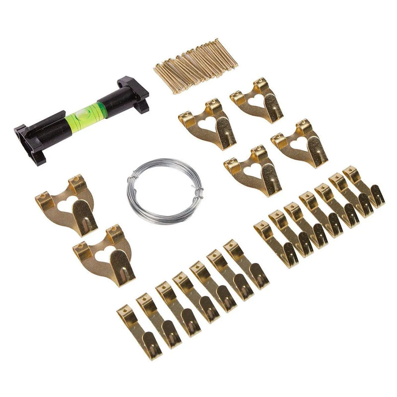 Picture Hanging Kit | Brass Hooks Nails Spirit Level Picture Wire - tooltime.co.uk