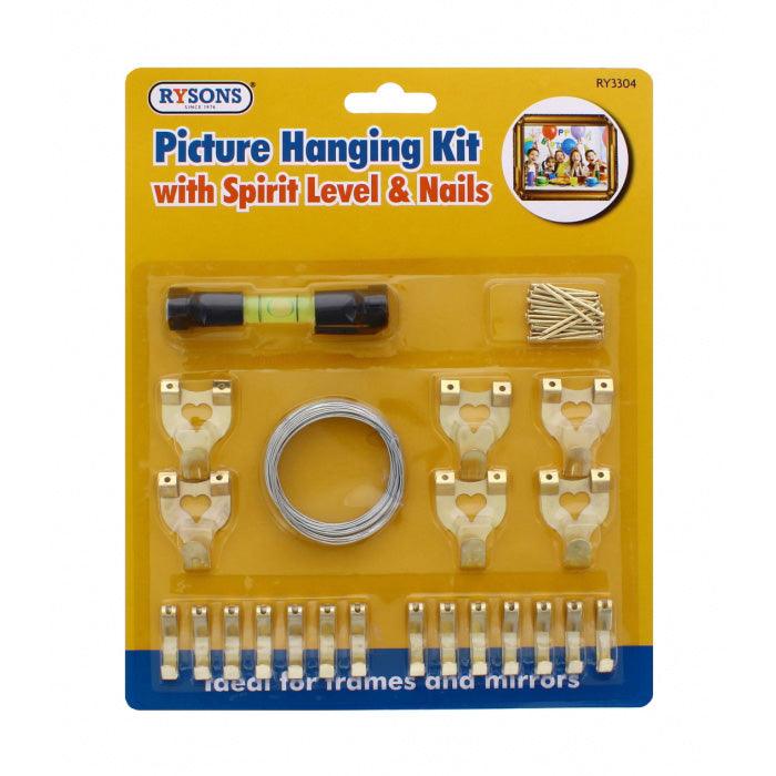 Picture Hanging Kit | Brass Hooks Nails Spirit Level Picture Wire - tooltime.co.uk