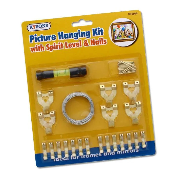 Picture Hanging Kit | Brass Hooks Nails Spirit Level Picture Wire - tooltime.co.uk