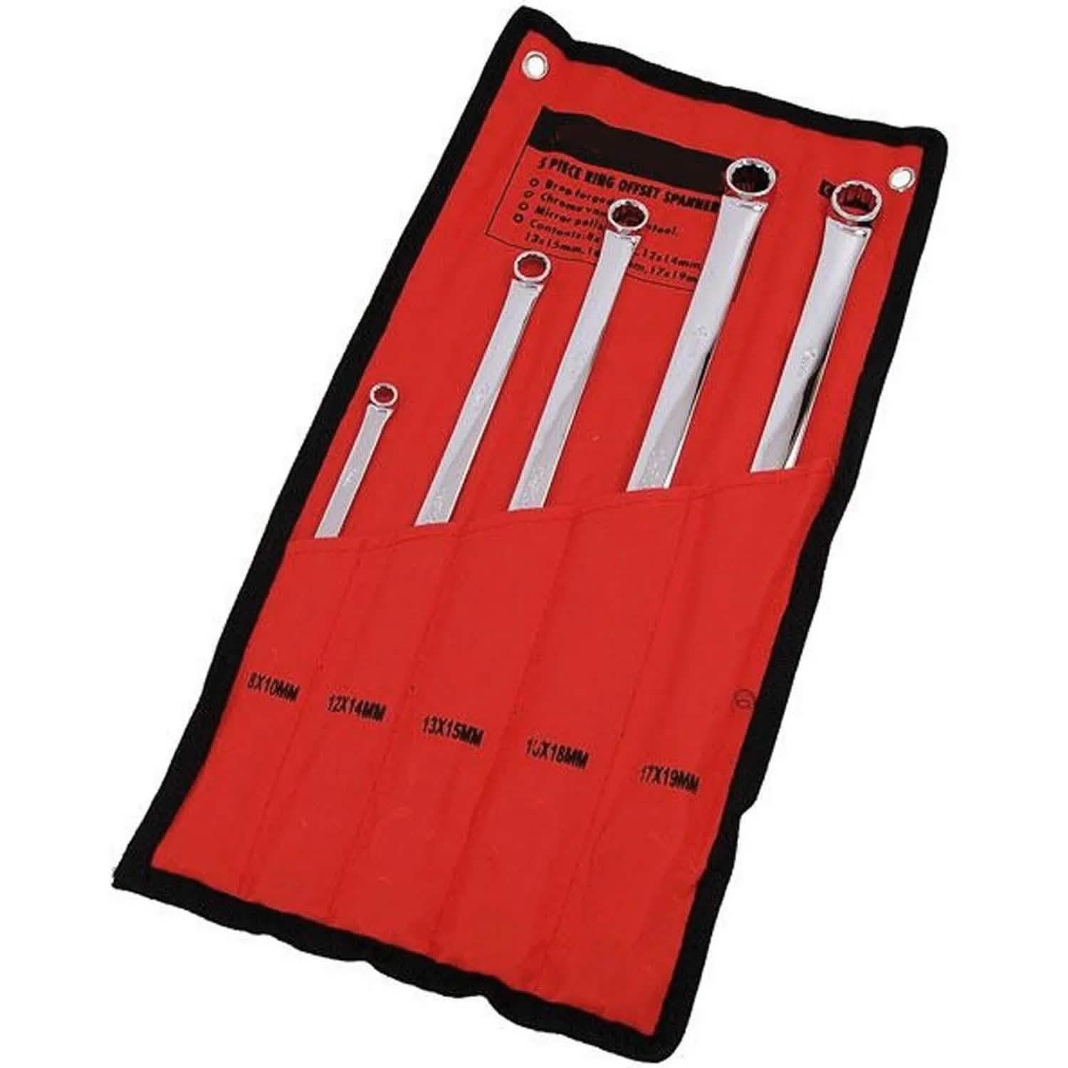 Ring Spanner Set 5pc 8mm-19mm Extra Long Reach Aviation Wrenches & Tool Roll - tooltime.co.uk