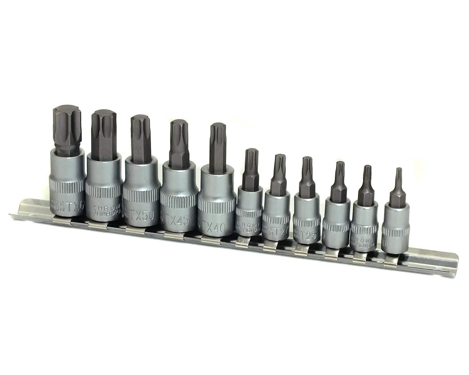 11pc 1/4" & 3/8" CRV Torx Star Socket Set + Rail T10 - T60 Chrome Vanadium Bits